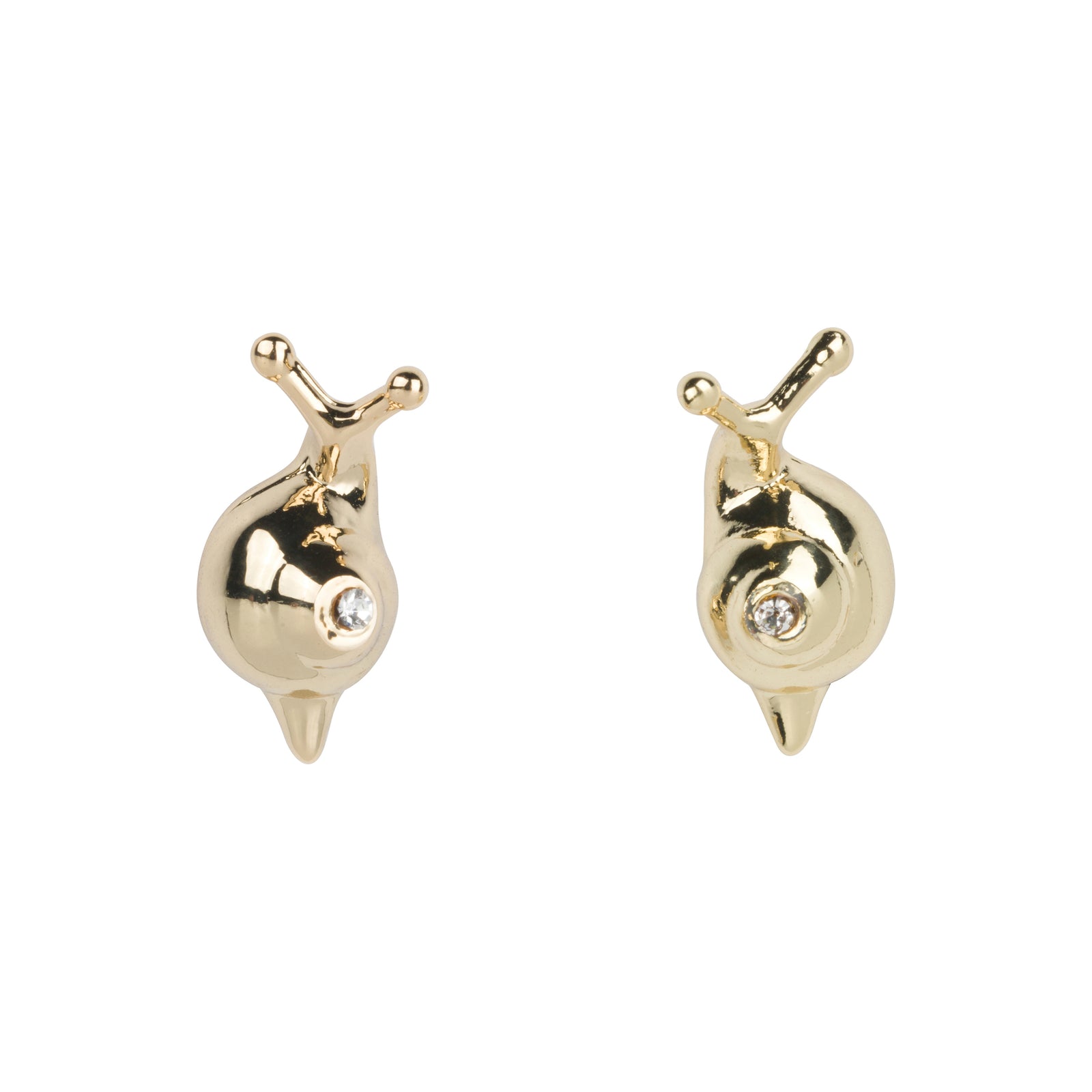 Small gold stud earrings shaped like a snail on a white background.