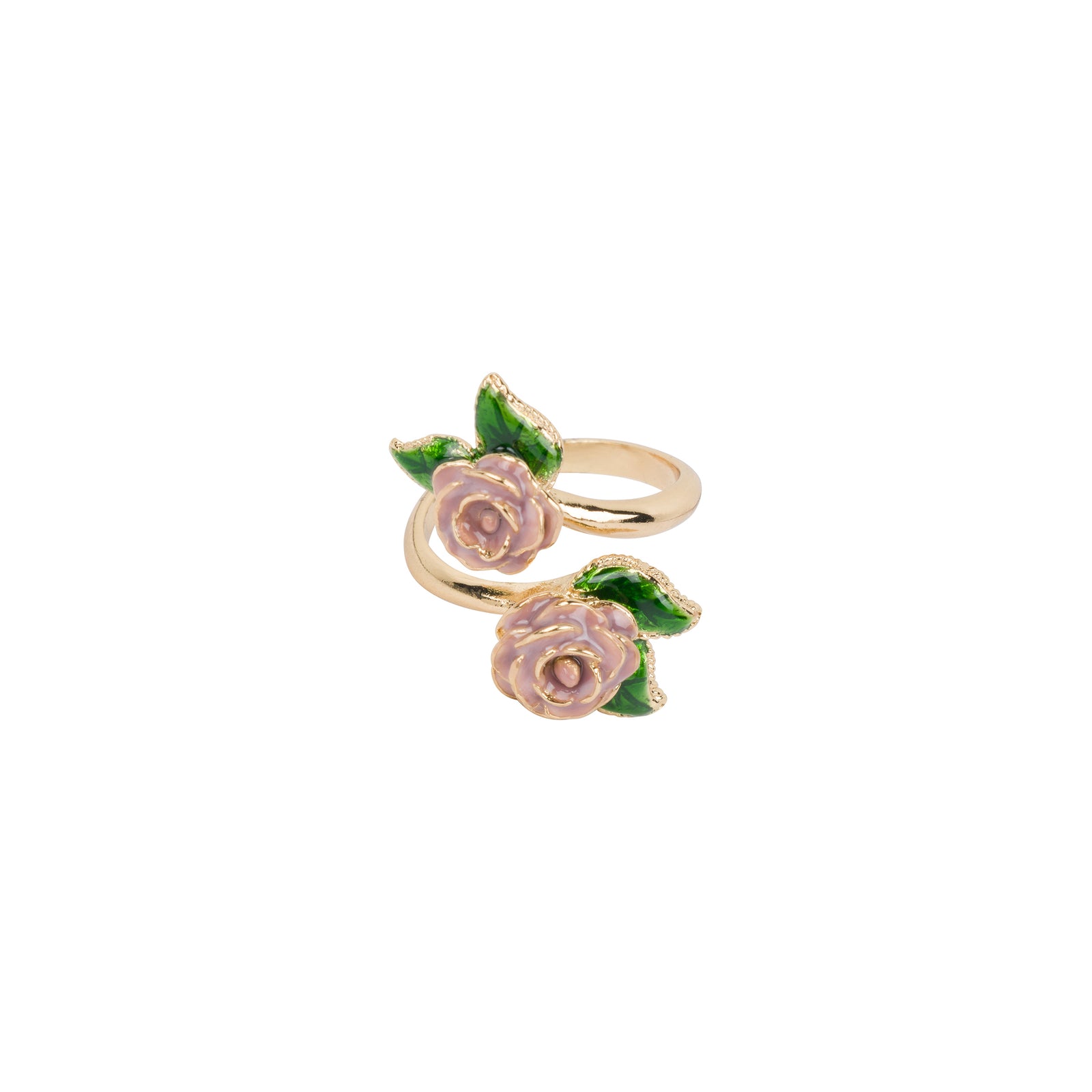 A gold-tone open ring with two pink enamel roses on a white background