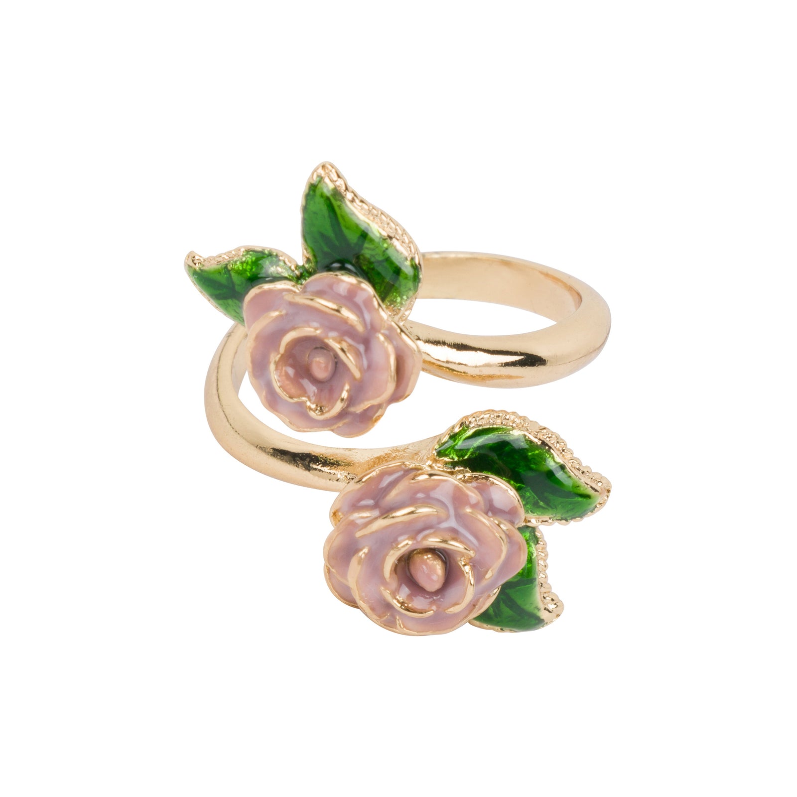A gold-tone open ring with two pink enamel roses on a white background