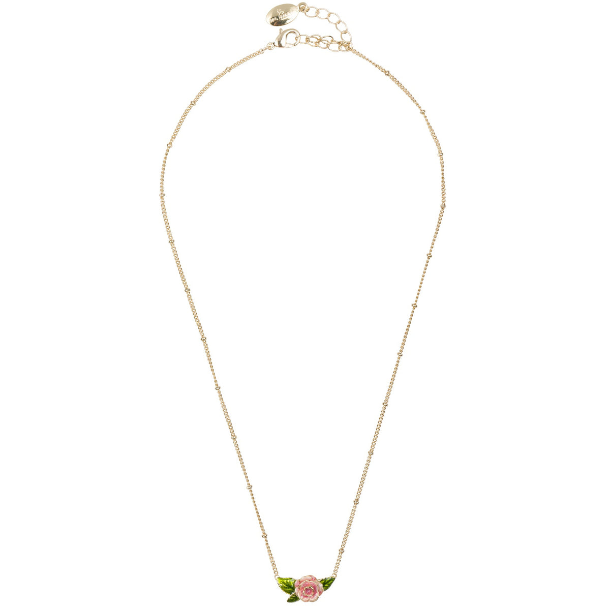 Gold plated necklace with a pink enamel rose pendant with green leaves on a white background.