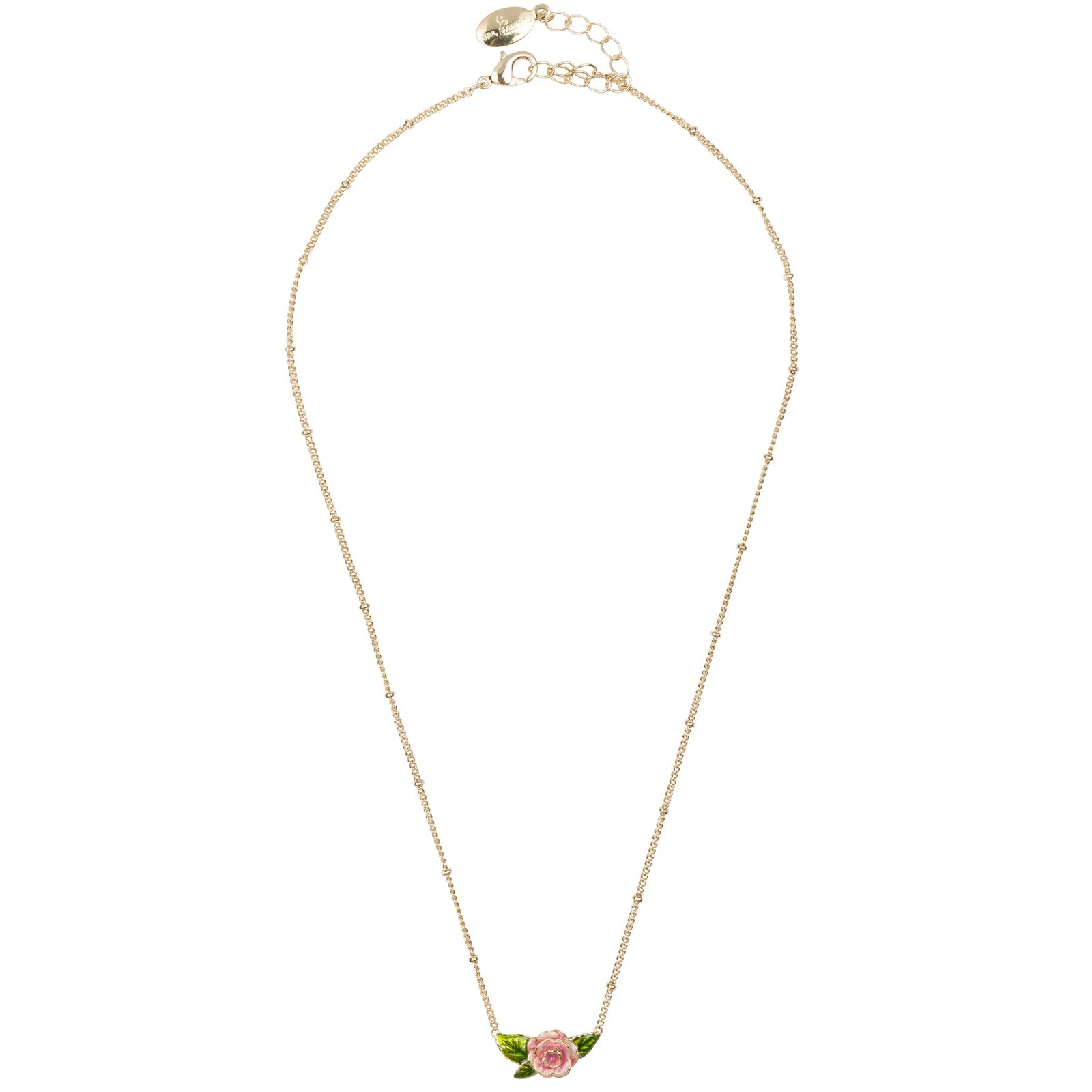 Gold plated necklace with a pink enamel rose pendant with green leaves on a white background.
