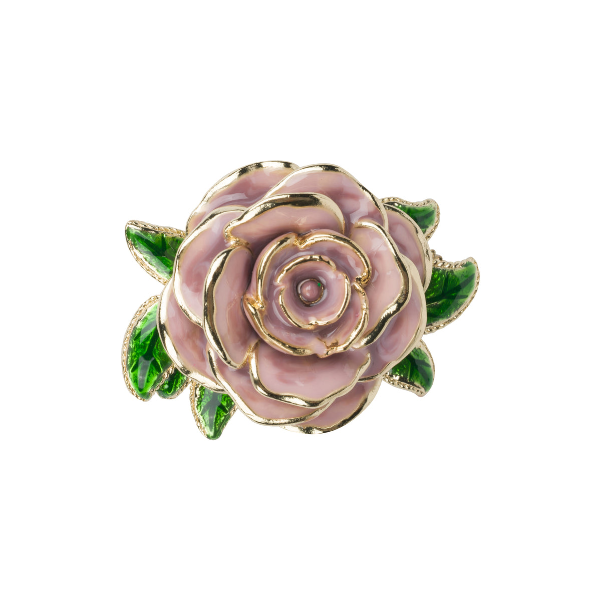 A single rose-shaped brooch with pink enamel petals outlined in gold, accented with green leaves, shown on a plain white background.