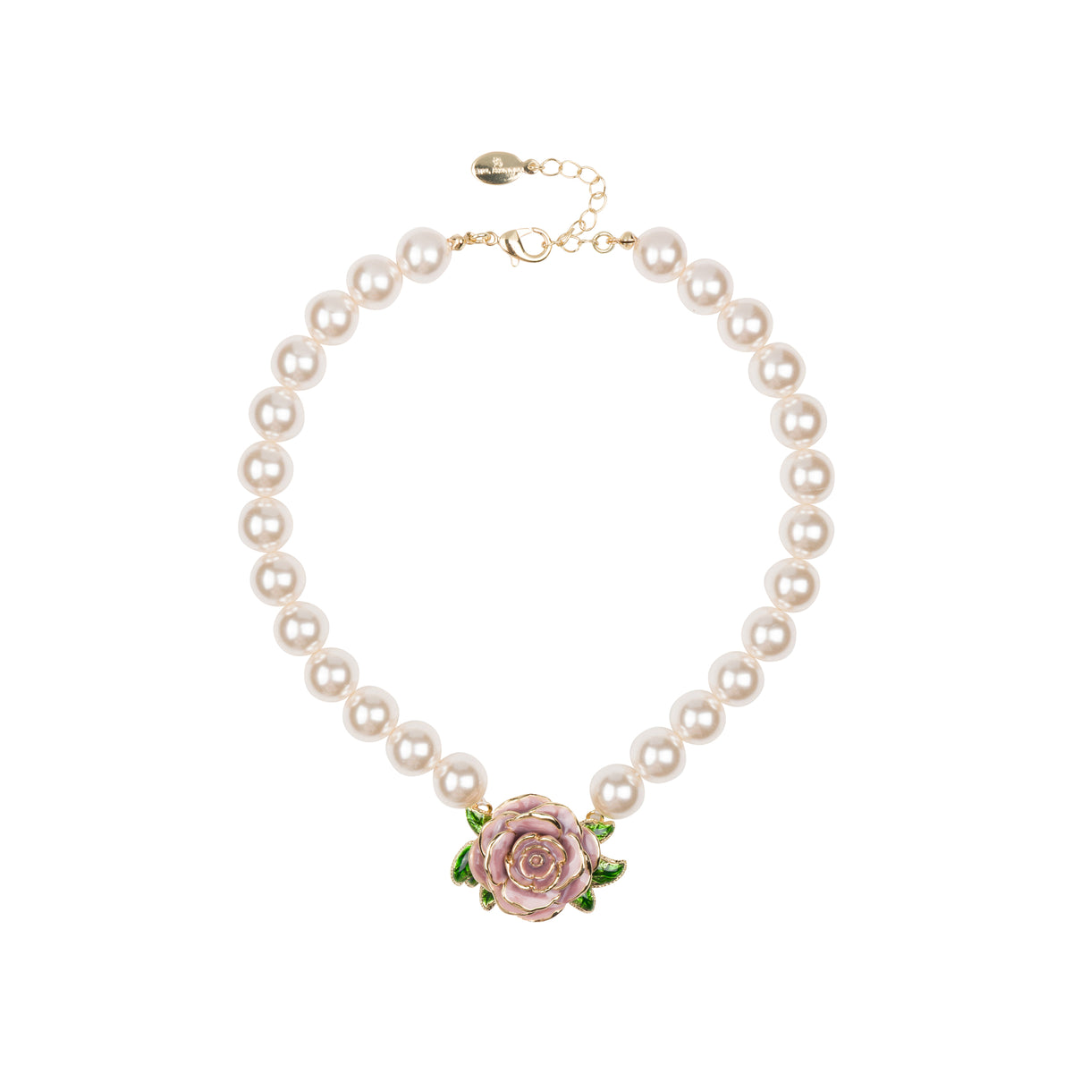 Pearl choker style necklace with a pink enamel rose pendant on a white background.