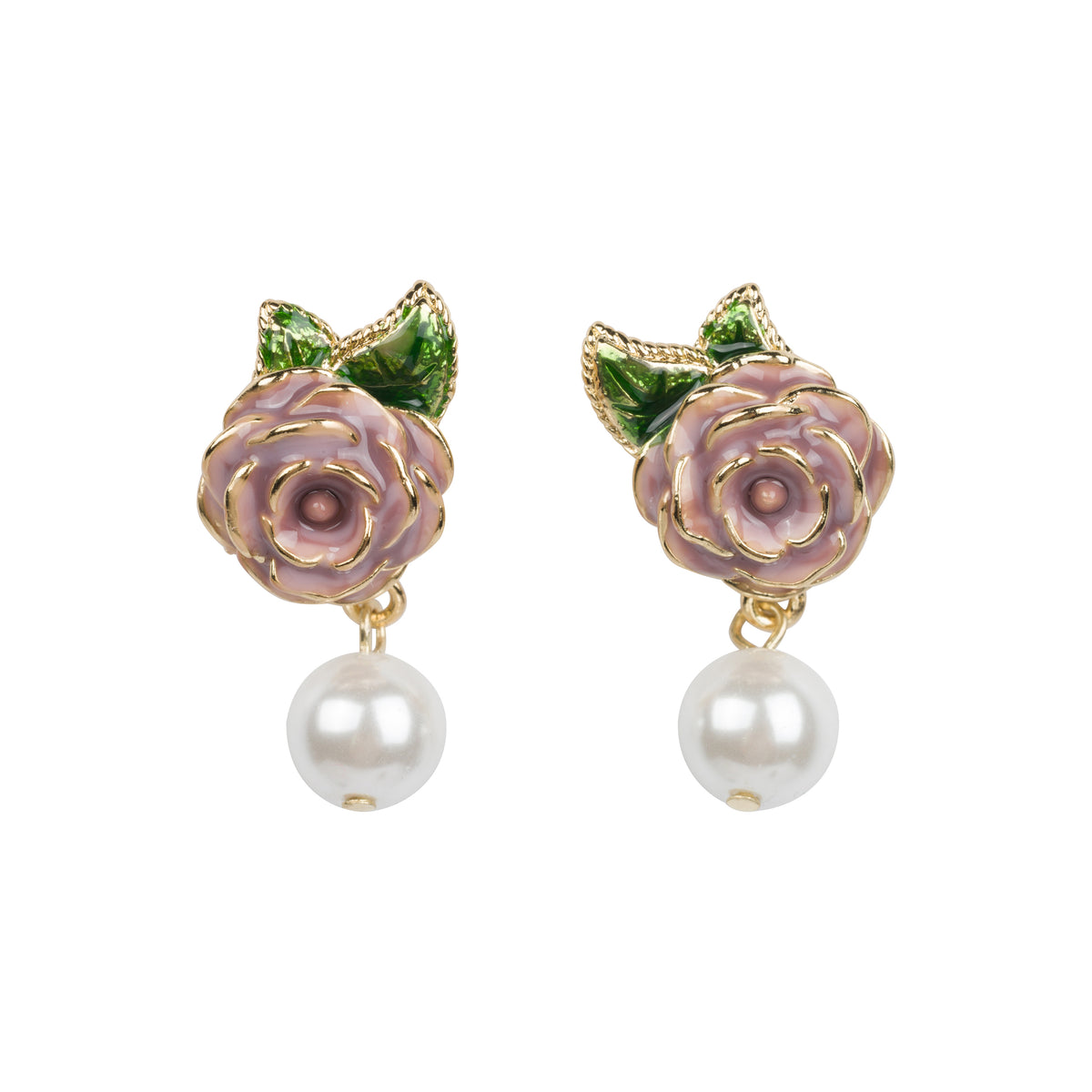 A pair of pink rose earrings with a green enamel leaf and a pearl bead on a white background
