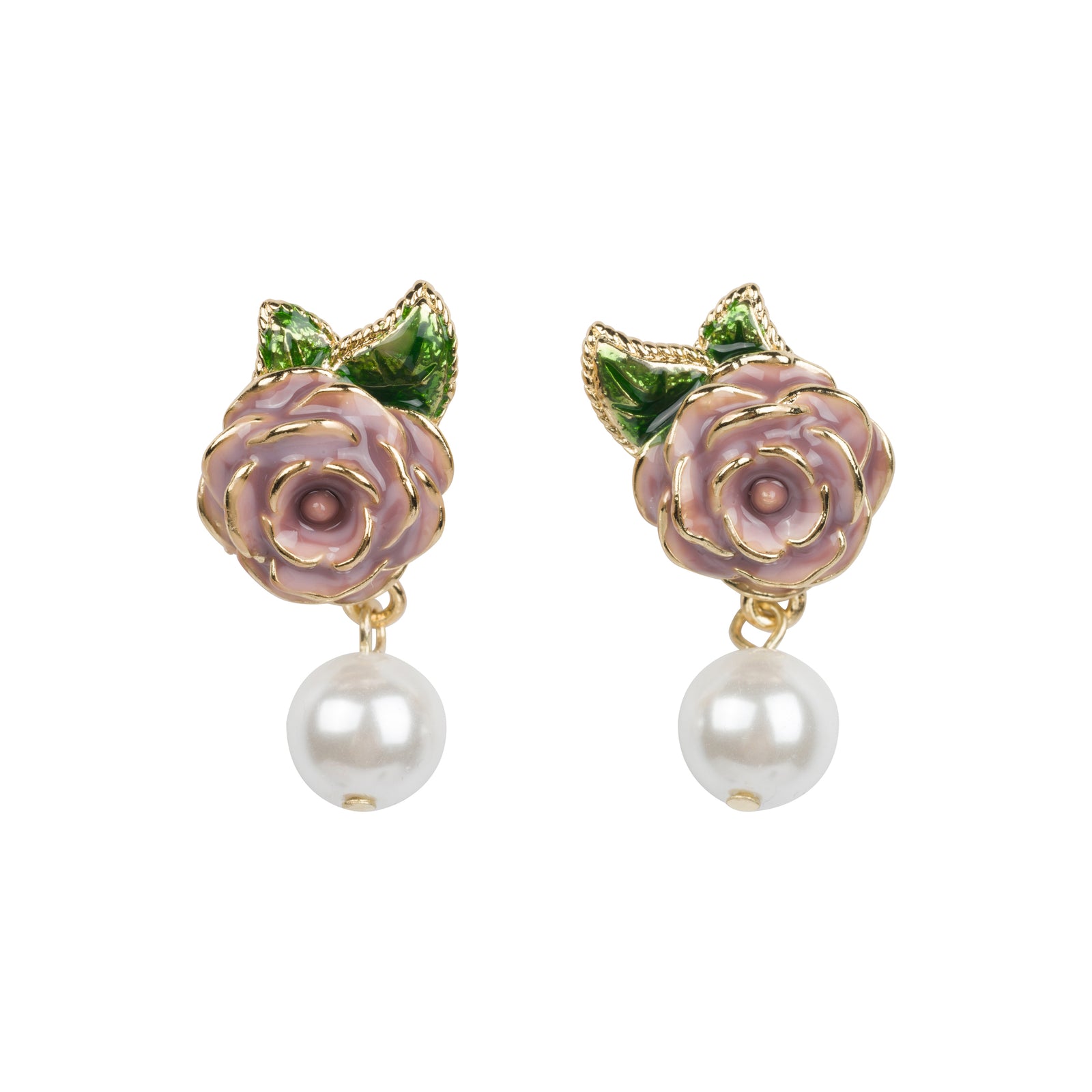 A pair of pink rose earrings with a green enamel leaf and a pearl bead on a white background