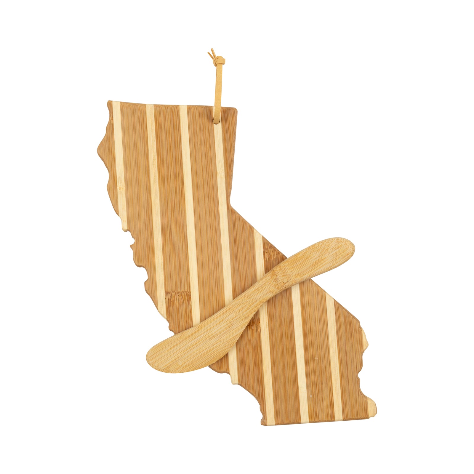 Wooden cutting board shaped like the state of California with a knife on a white background.