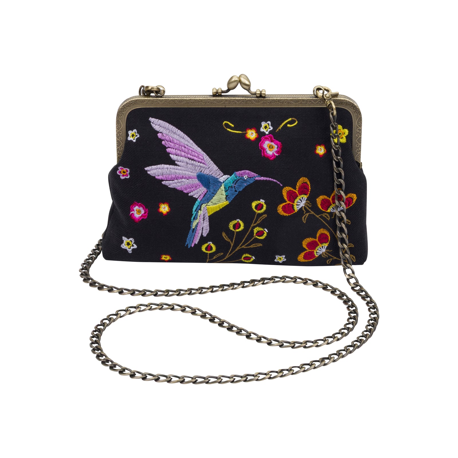 A black clutch handbag with an embroidered hummingbird and floral design, featuring a gold-tone metal frame and a silver-tone chain strap, shown against a plain white background.