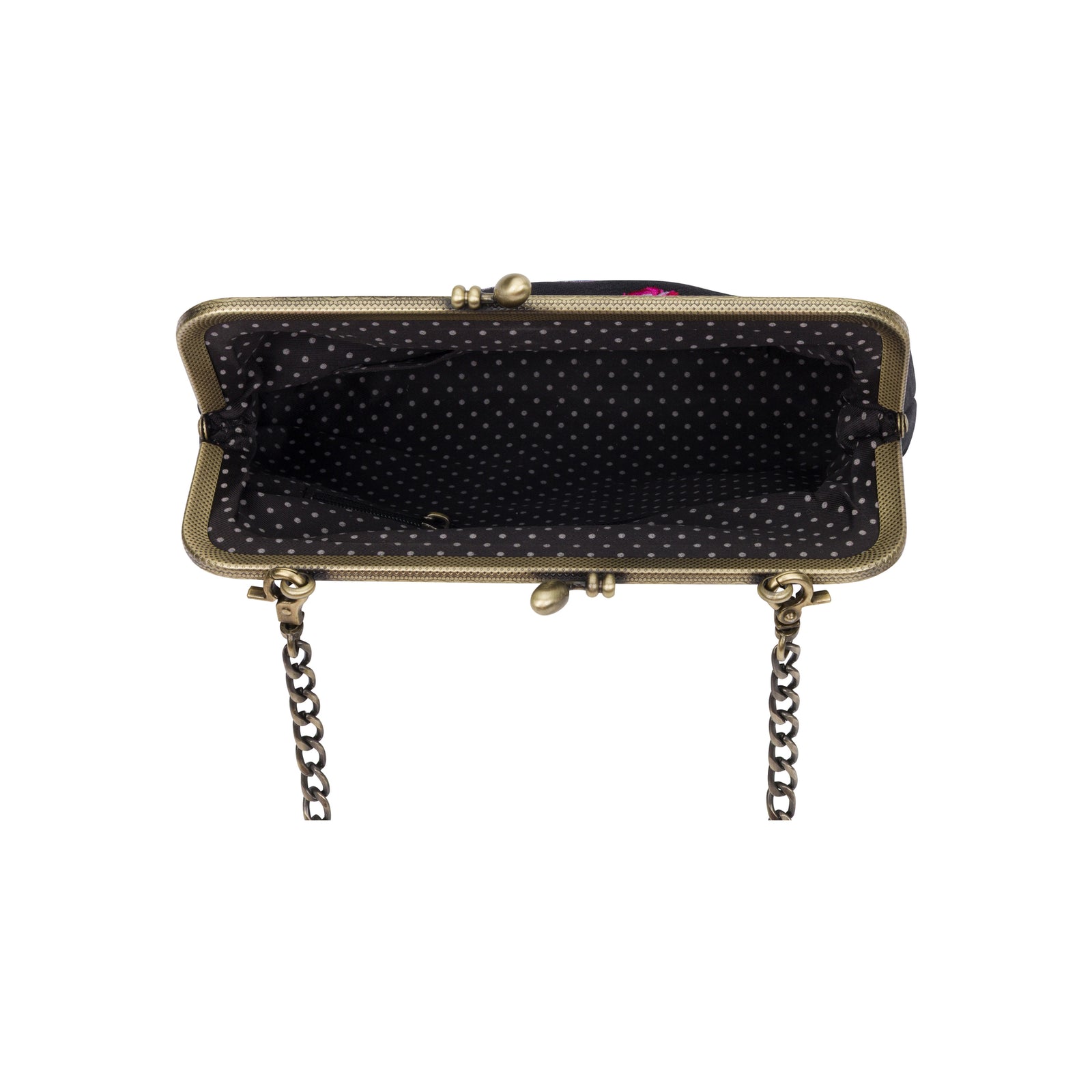A black clutch handbag with an embroidered hummingbird and floral design, featuring a gold-tone metal frame and a silver-tone chain strap, shown against a plain white background.
