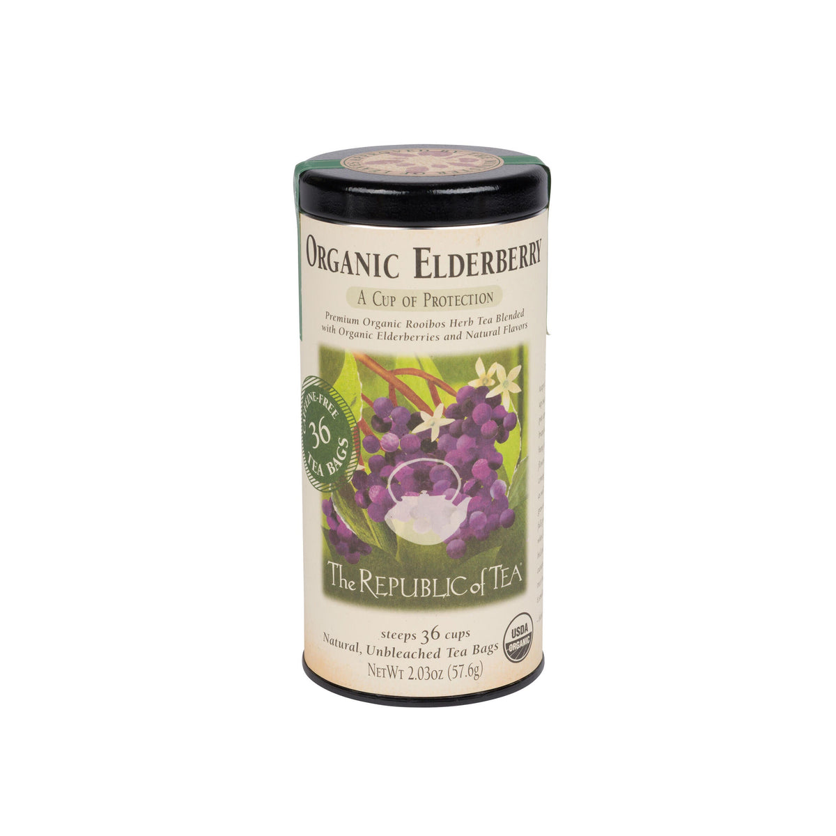 Tea canister labeled 'Organic Elderberry' from 'The Republic of Tea' on a white background