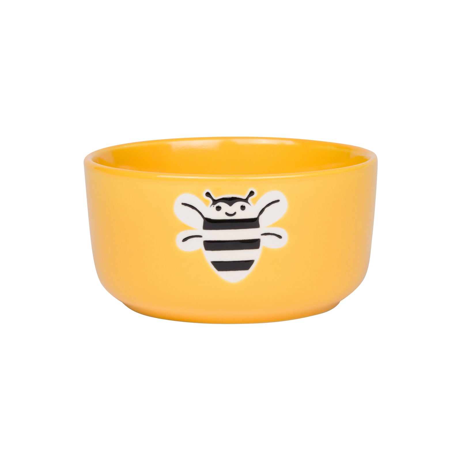 A yellow ceramic bowl featuring a cute cartoon bee design on the front, set against a plain white background.