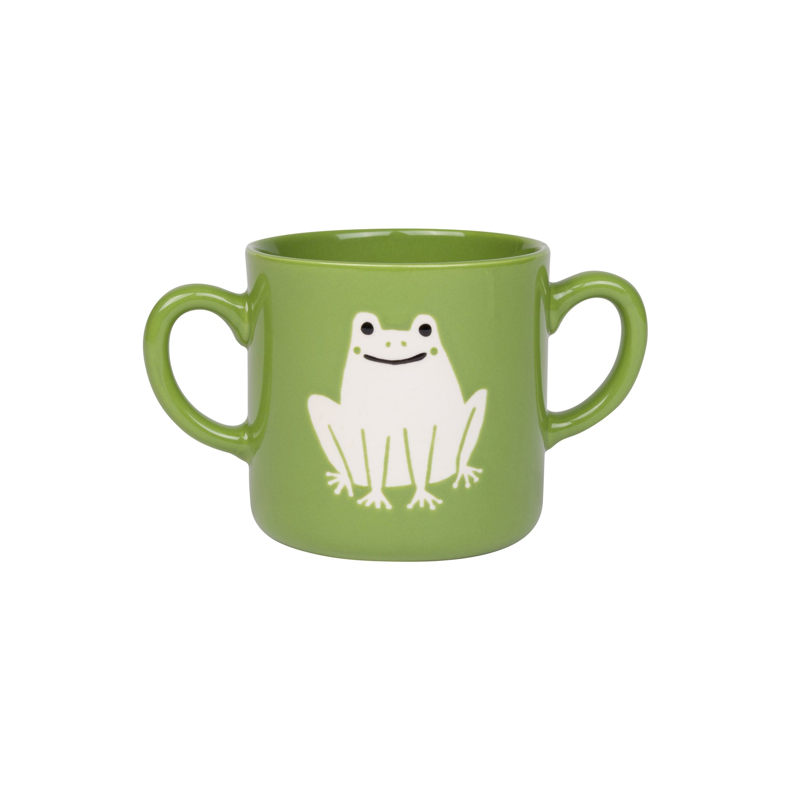 A green ceramic child's mug with two side handles and a white cartoon frog graphic on the front, shown against a plain white background.