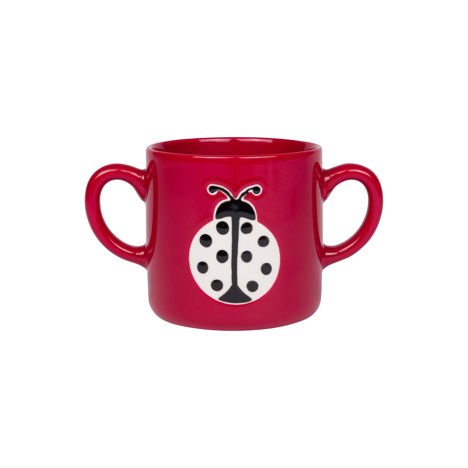 A red ceramic mug with two side handles and a black and white ladybug graphic on the front, set against a plain white background.