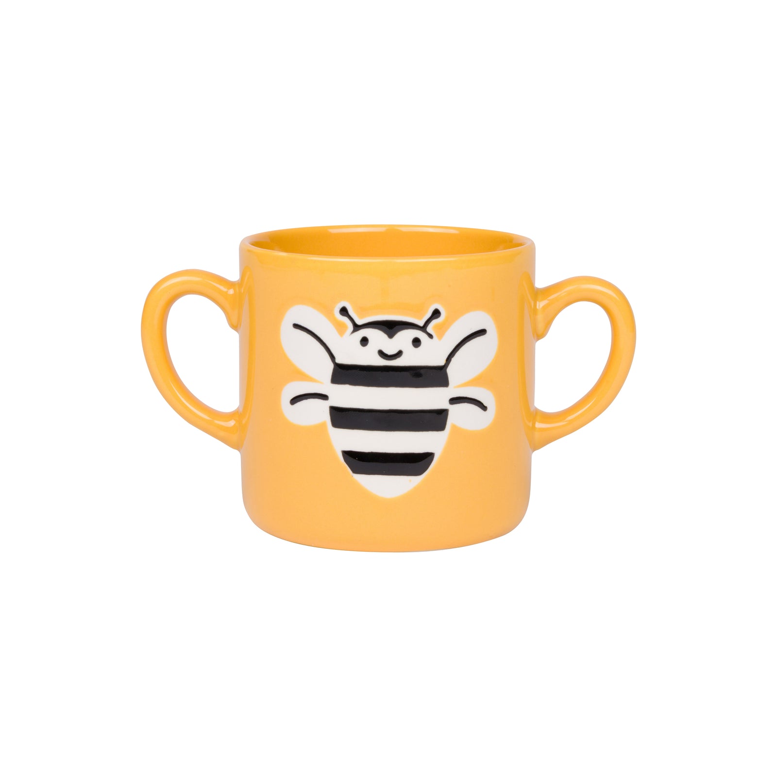 Double handled kids yellow mug with a cartoon style bumblebee on the front