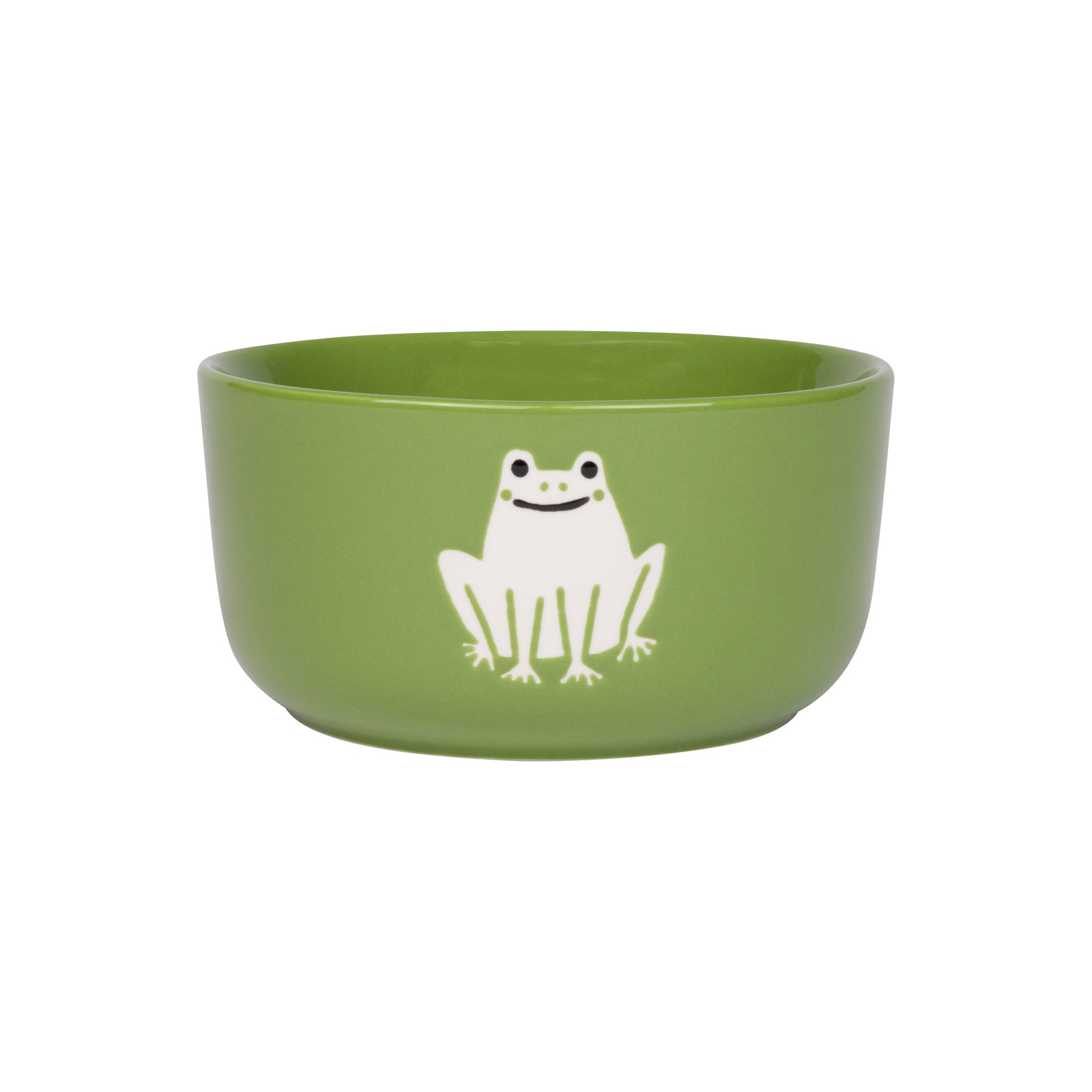 A green ceramic bowl featuring a white cartoon frog illustration on the front, set against a plain white background.
