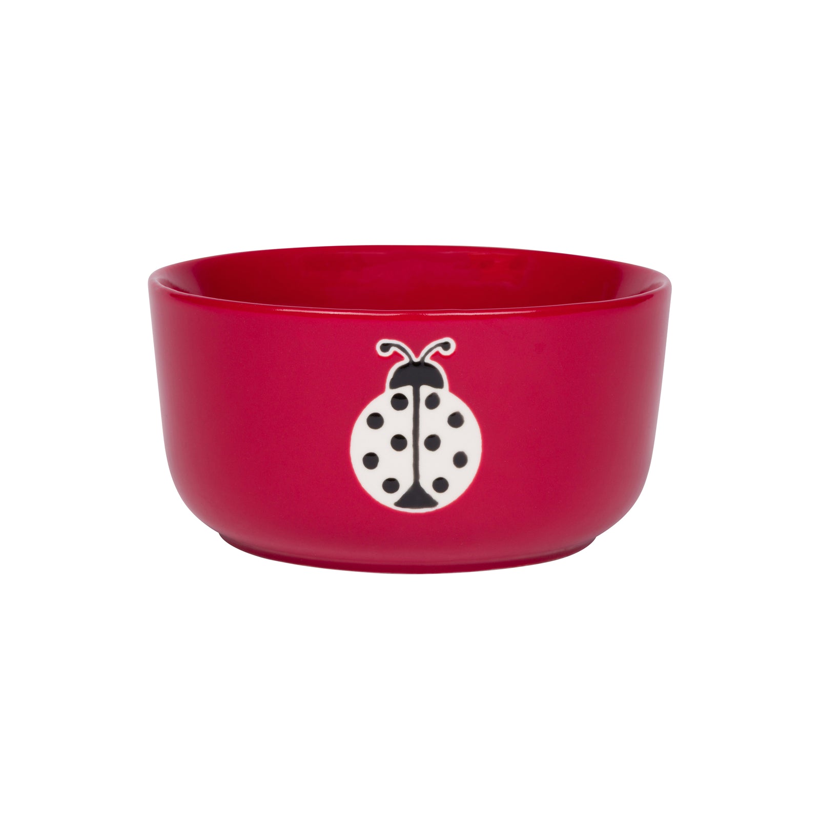 Red ceramic bowl with a black and white ladybug motif on the front