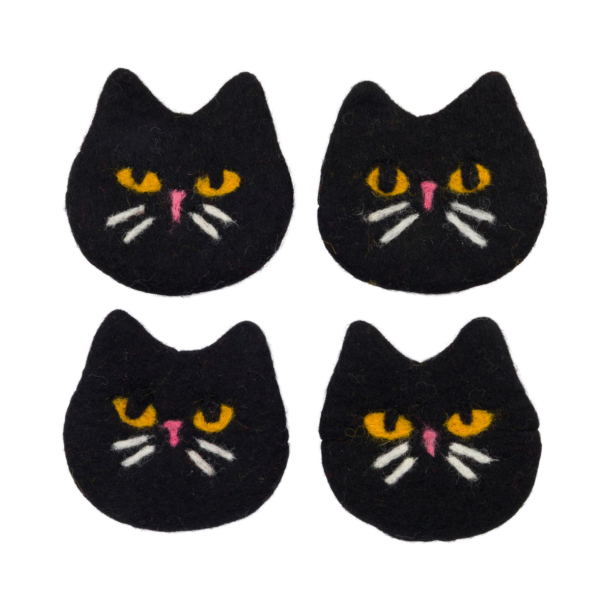 Four black felt cat-face coasters arranged in a 2x2 grid on a white background, each with yellow eyes, a pink nose, and white whiskers.