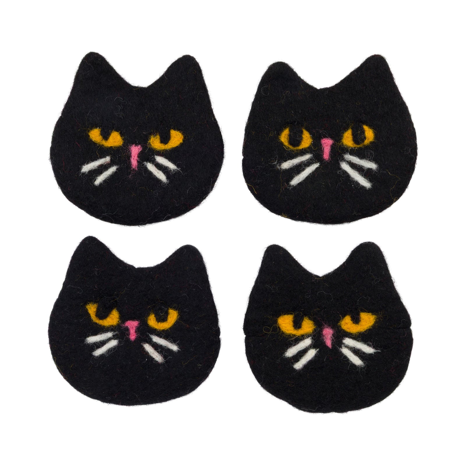 Four black felt cat-face coasters arranged in a 2x2 grid on a white background, each with yellow eyes, a pink nose, and white whiskers.