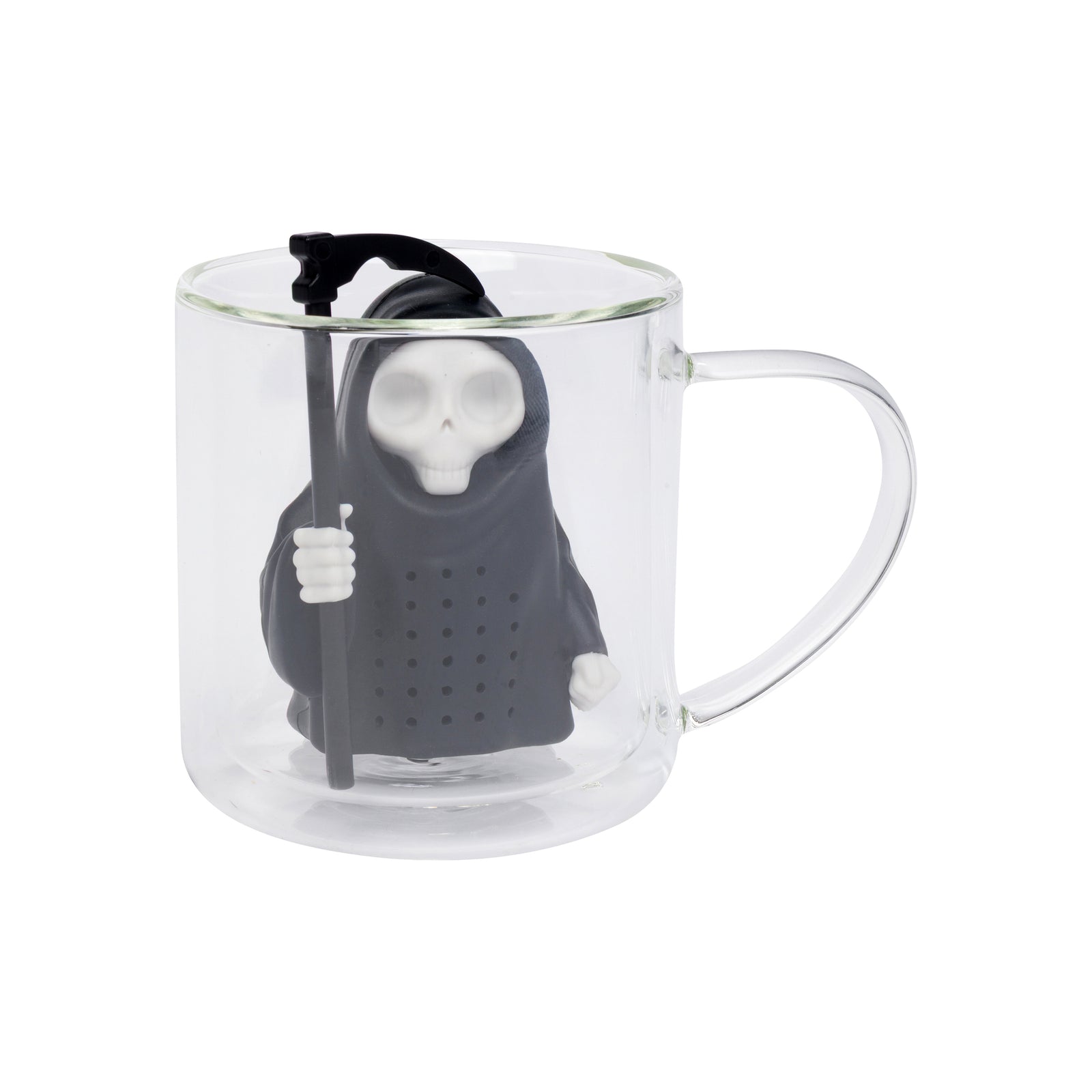 A clear glass mug with a grim reaper shaped tea infuser inside the mug on a white background.