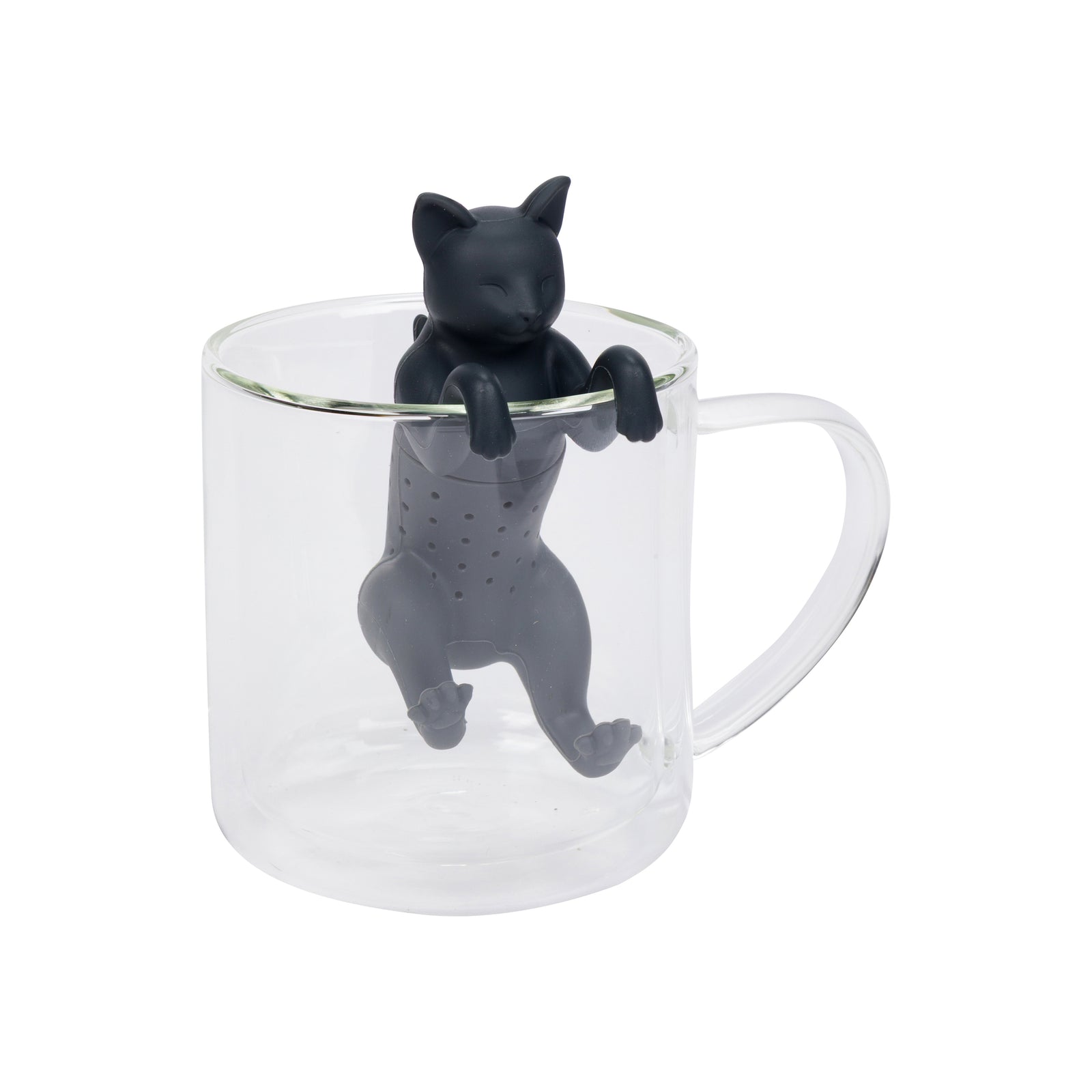  A small black cat-shaped tea infuser perched over the rim of a clear glass mug, set against a solid white background.