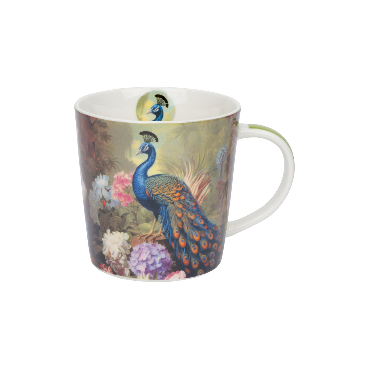 A white ceramic coffee mug featuring a detailed illustration of a blue peacock surrounded by colorful flowers on the exterior, with a matching peacock design printed on the interior.