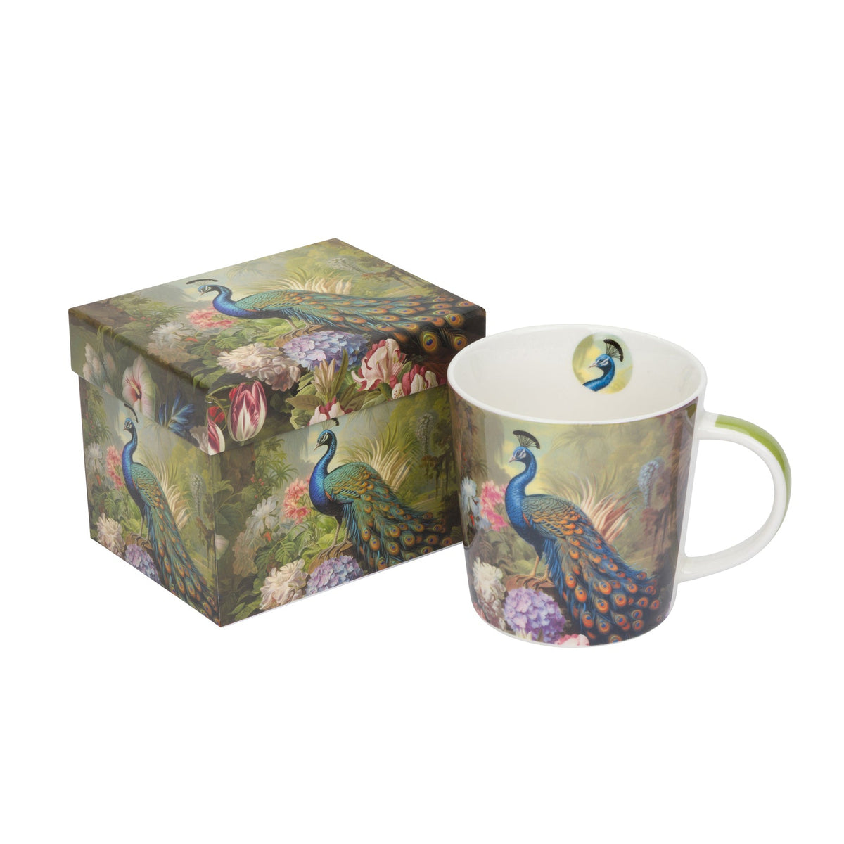A white ceramic mug and its matching gift box, both decorated with a detailed peacock illustration on a floral background.