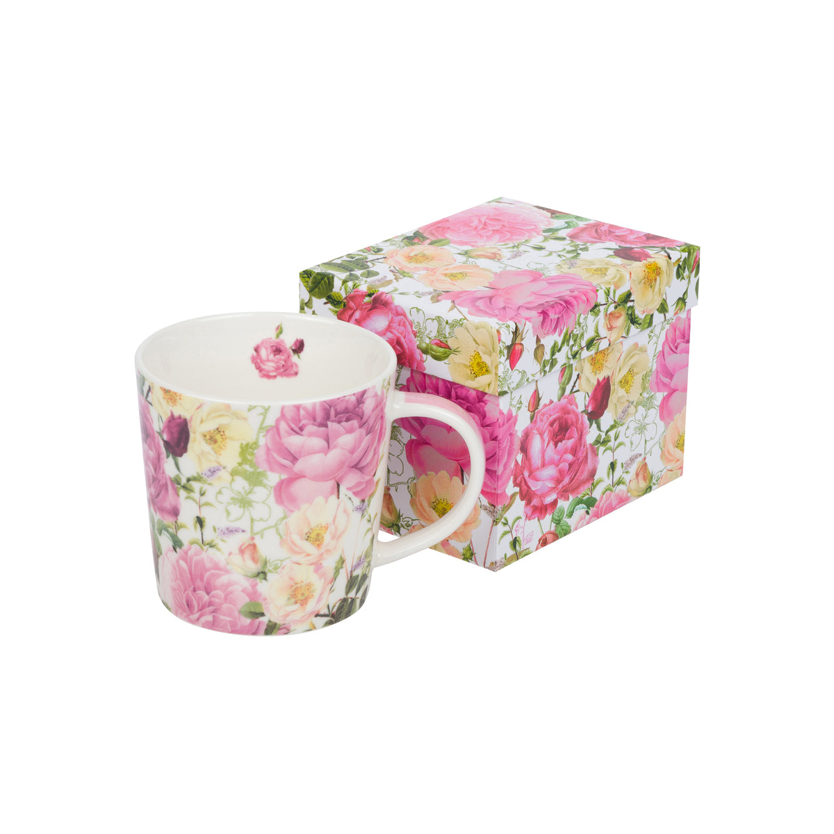 A white ceramic mug with a pink and yellow floral rose print, shown next to its matching floral gift box on a plain white background.