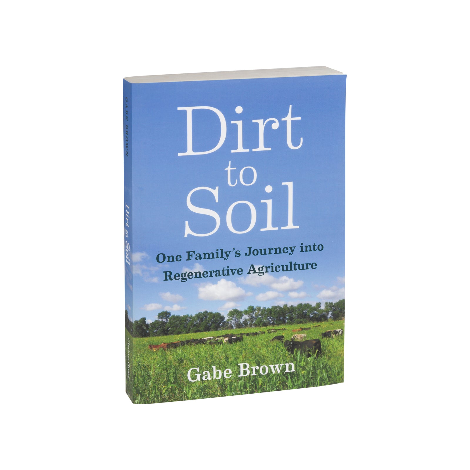 The book 'Dirt to Soil' by Gabe Brown, featuring a blue sky and green field cover design, shown on a plain white background.
