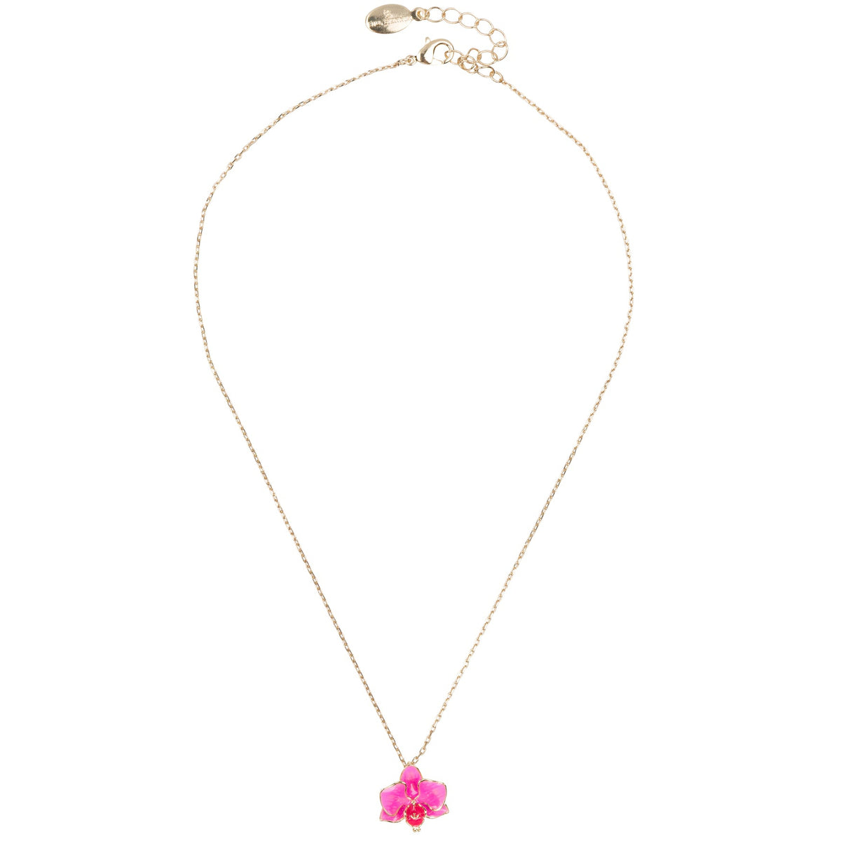 Necklace with a pink orchid flower pendant on a white background