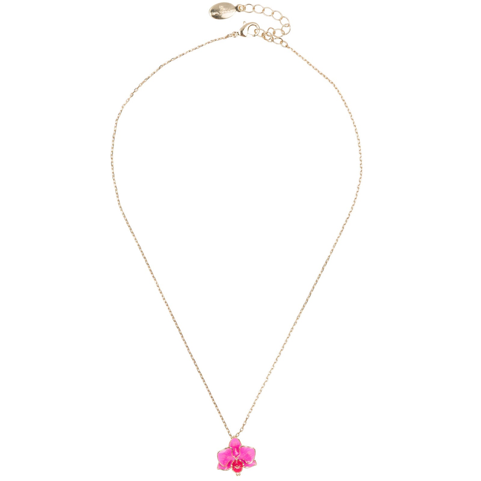 Necklace with a pink orchid flower pendant on a white background