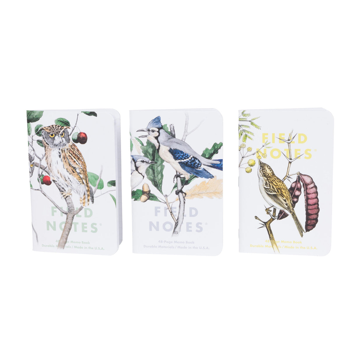 Three notebooks with bird illustrations on a white background