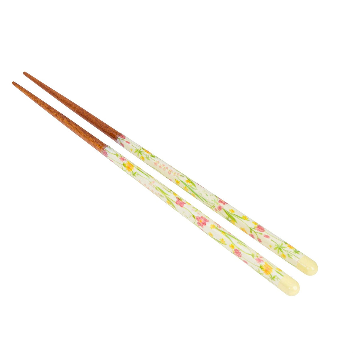 A pair of chopsticks with natural brown wooden tips and translucent white handles decorated with a delicate pink, green, and yellow floral pattern, shown on a plain white background.