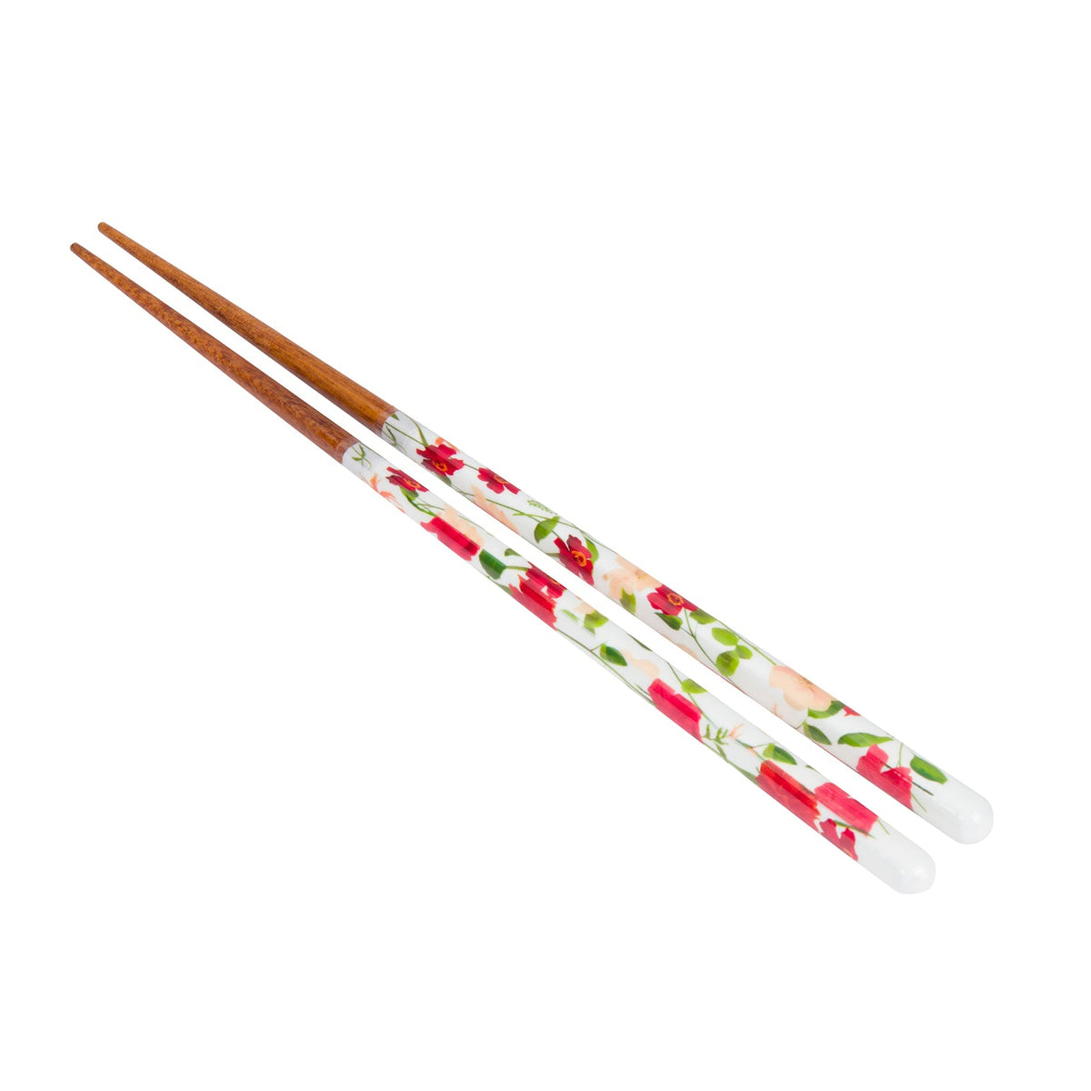 A pair of chopsticks with natural brown wooden tips and white handles decorated with a red and green floral pattern, shown on a plain white background.