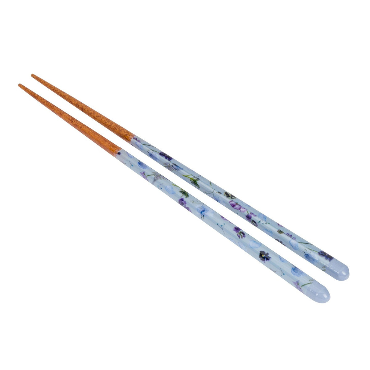 A pair of chopsticks with light blue floral-patterned handles and natural wood tips, shown on a plain white background.