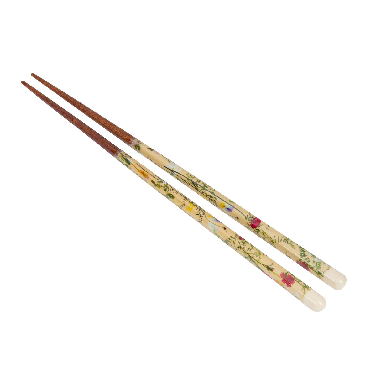 A pair of traditional Chinese chopsticks with dark brown wooden tips and handles decorated with hand-painted floral patterns in yellow, green, and red on a cream background.