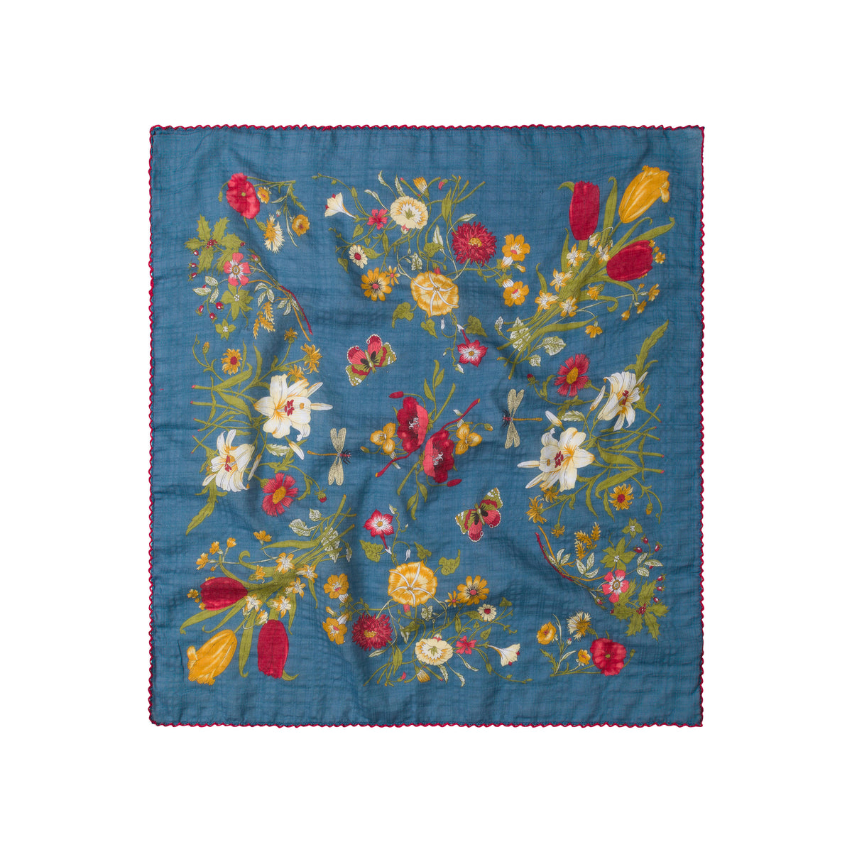 Floral print bandana with a blue background and a red scalloped edge