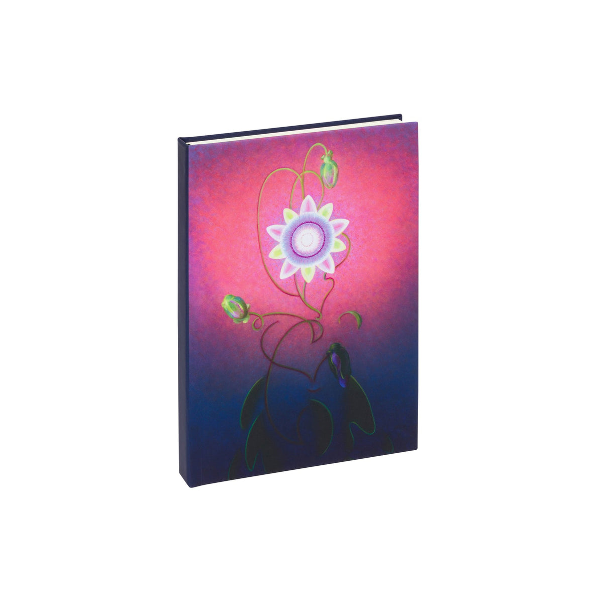 A hardcover notebook or journal featuring a colorful floral illustration on the cover, set against a plain white background.