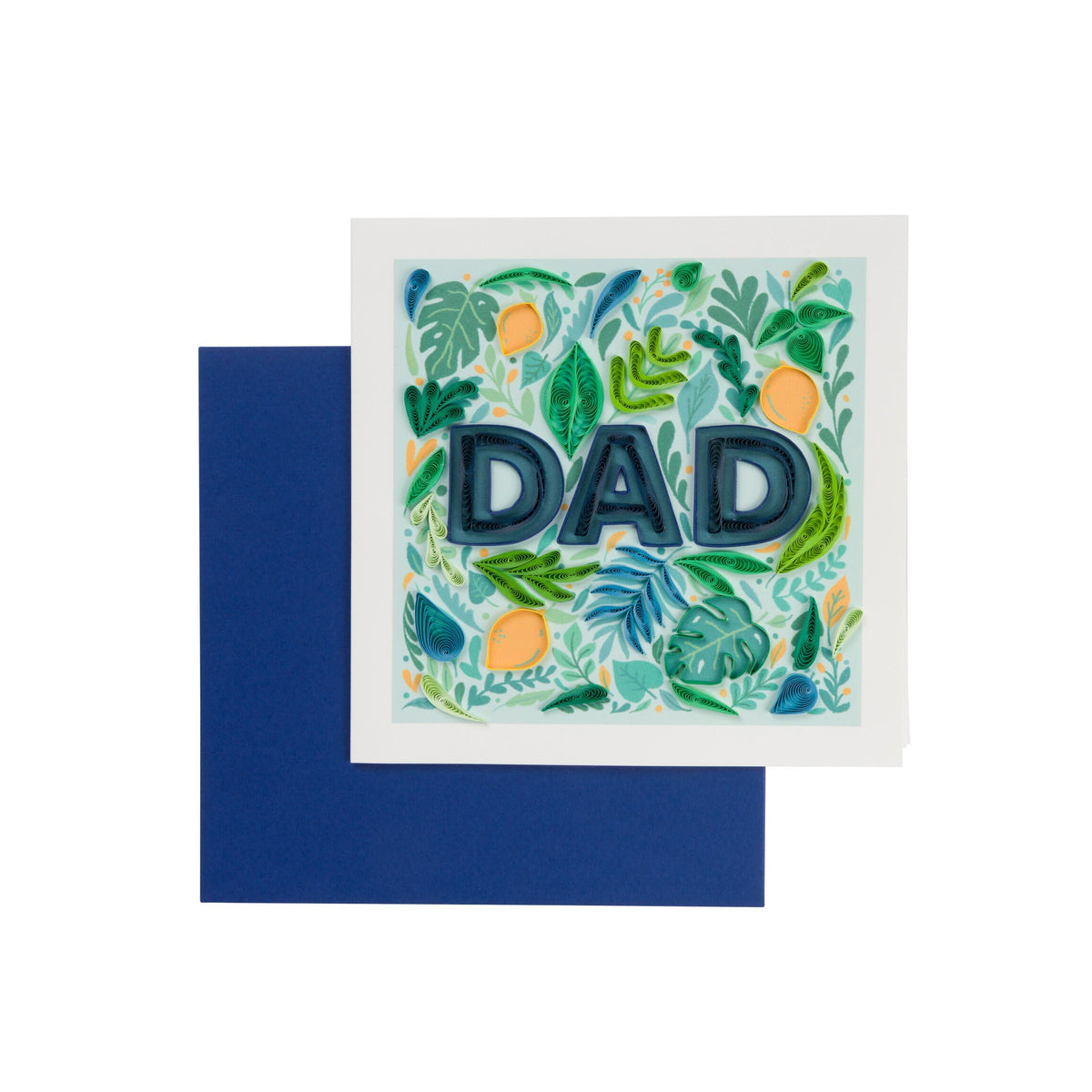 Greeting card with 'DAD' text surrounded by leaf patterns on a white background