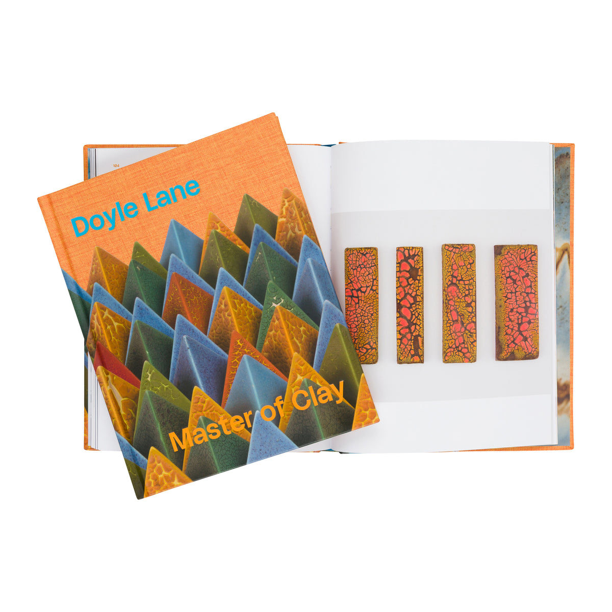 An open book titled 'Master of Clay' by Doyle Lane, showing colorful clay sample strips on the right page and a matching cover design on the left page, photographed on a white background.