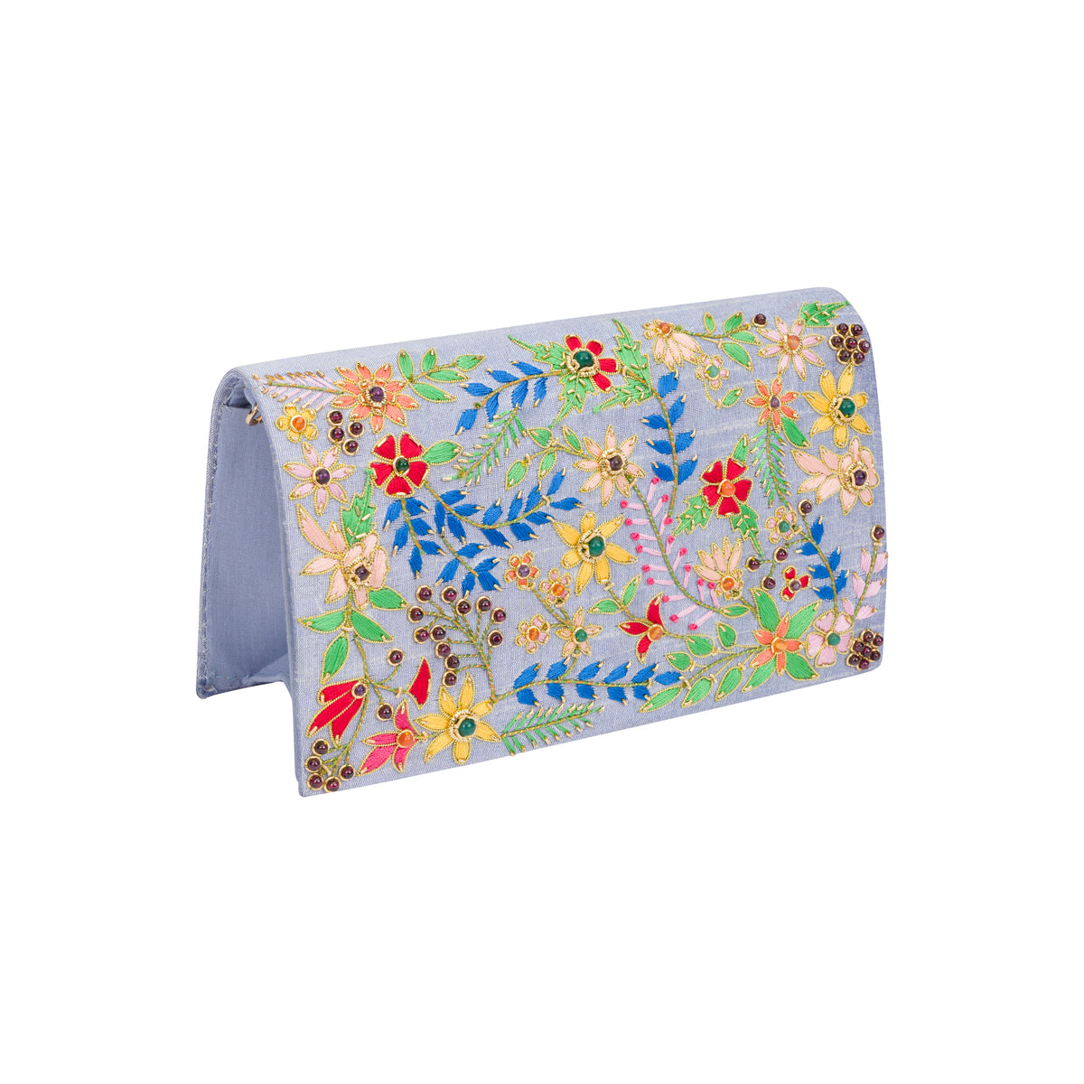 A light blue clutch wallet featuring vibrant, multicolored floral embroidery and rhinestone embellishments, displayed on a clean white background.