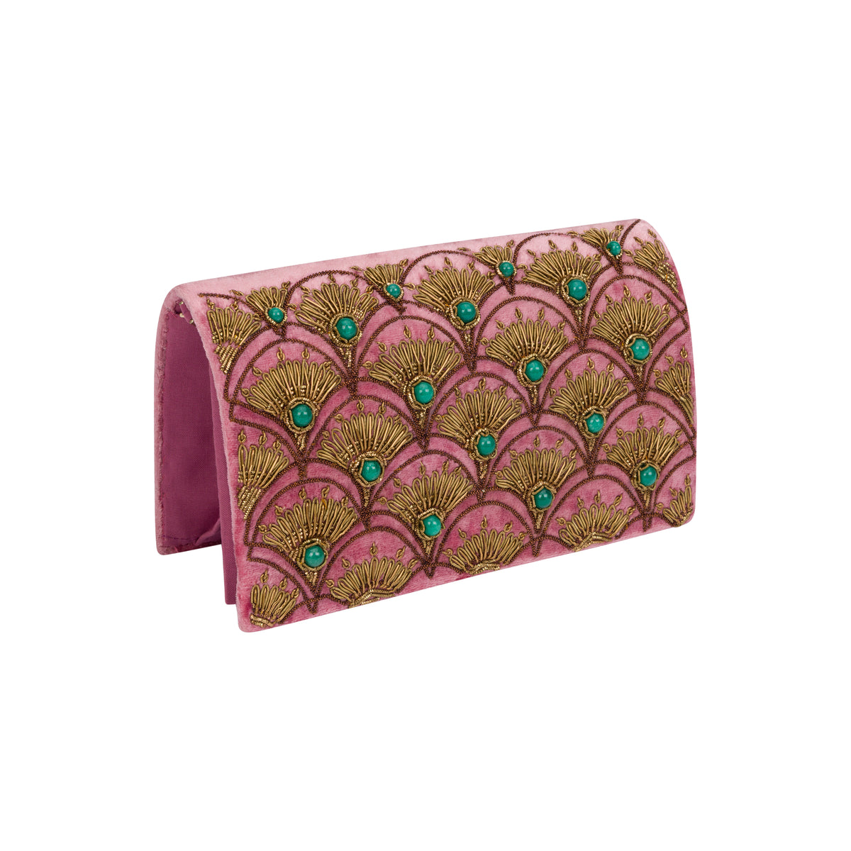 A pink velvet clutch wallet featuring an intricate gold embroidered peacock fan pattern with small turquoise green jewel accents, shown on a plain white background.