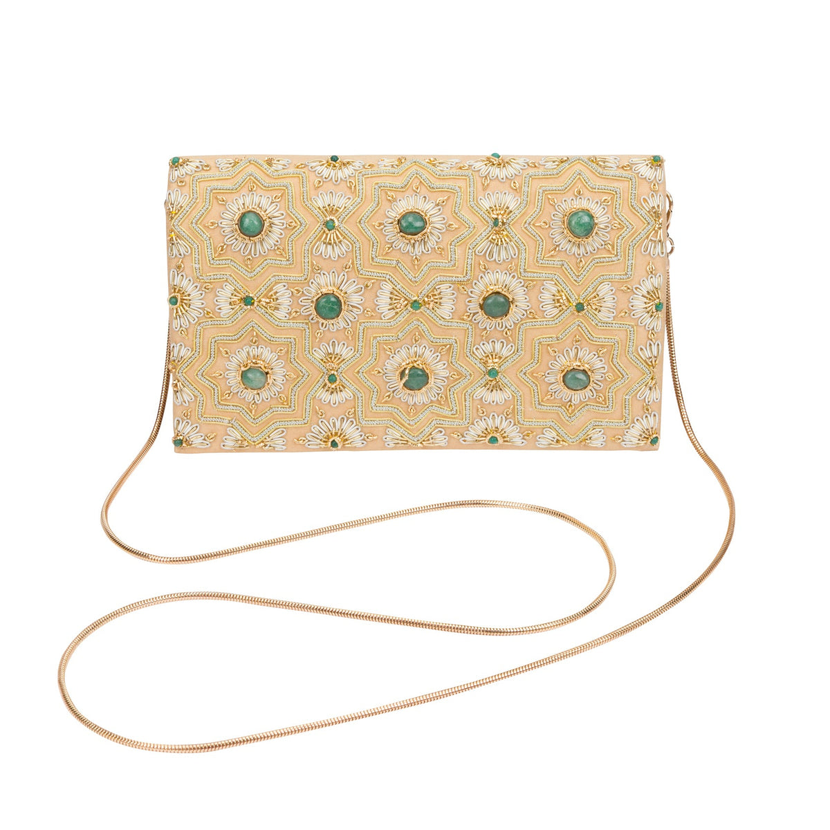 A rectangular clutch bag with a gold-toned chain strap, featuring a beige and white geometric mosaic pattern with green accents, shown on a plain white background.