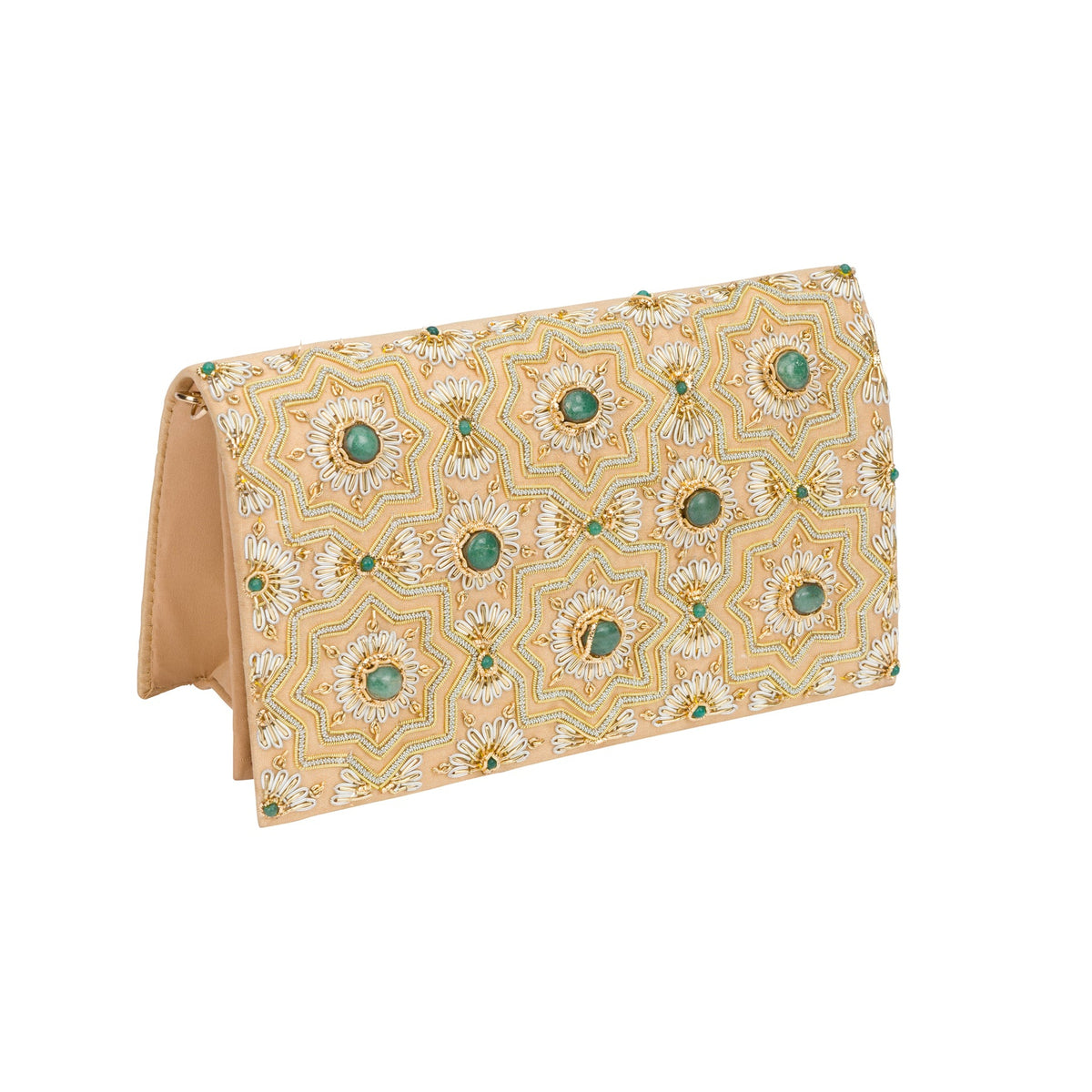 A beige clutch bag with an intricate yellow, white, and green geometric floral pattern, shown on a plain white background.