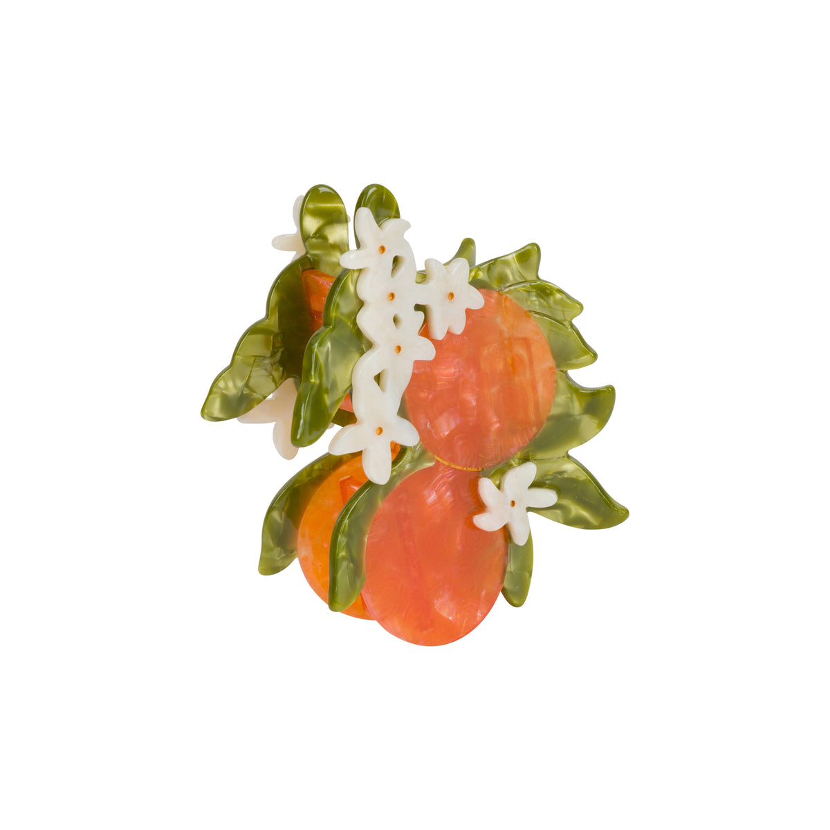 A decorative hair claw clip shaped like a cluster of oranges with green leaves and small white  orange-blossom flowers, shown on a plain white background.