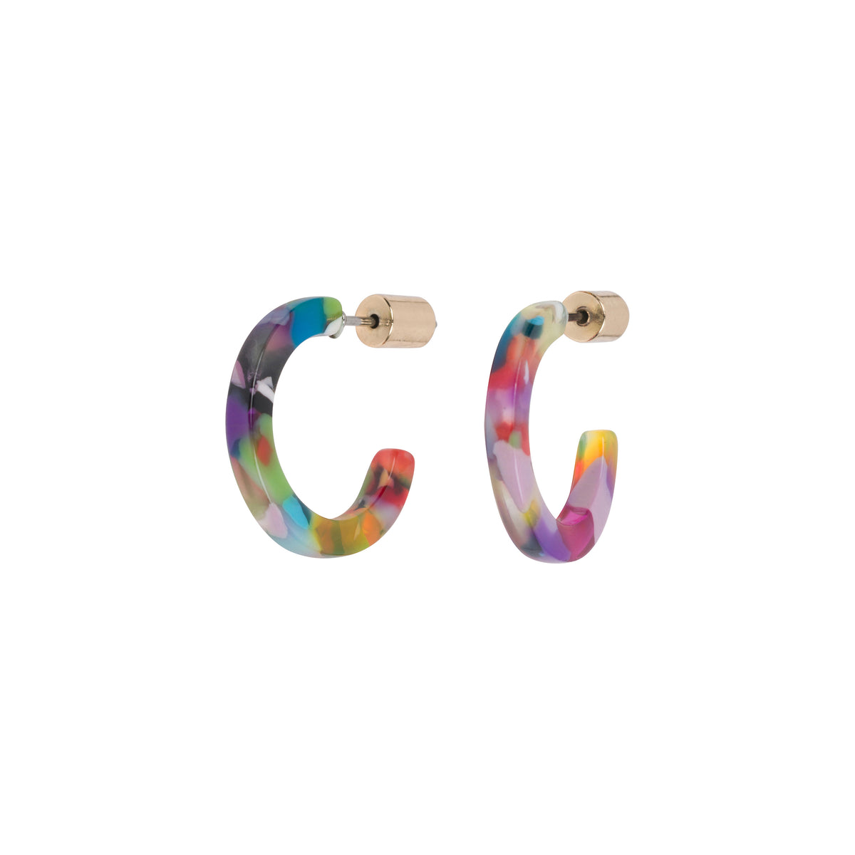 A pair of small hoop earrings with a multicolor marbled resin design and gold-tone posts, shown against a plain white background.