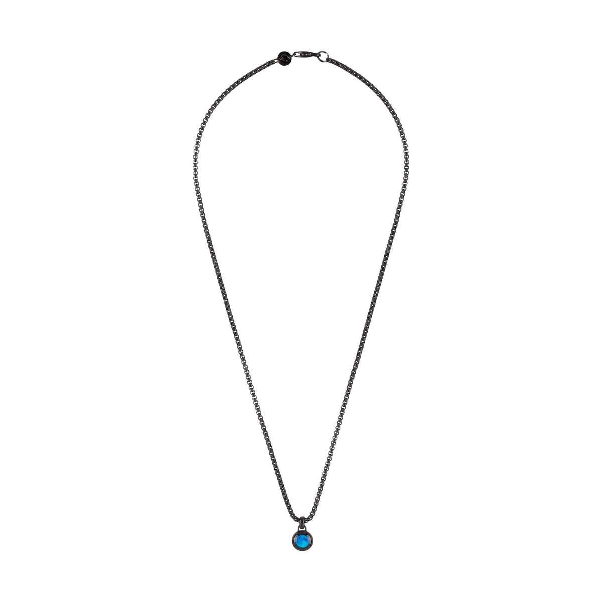 A dark gunmetal chain necklace with a small circular pendant featuring a vibrant blue opal-like center, displayed on a clean white background.