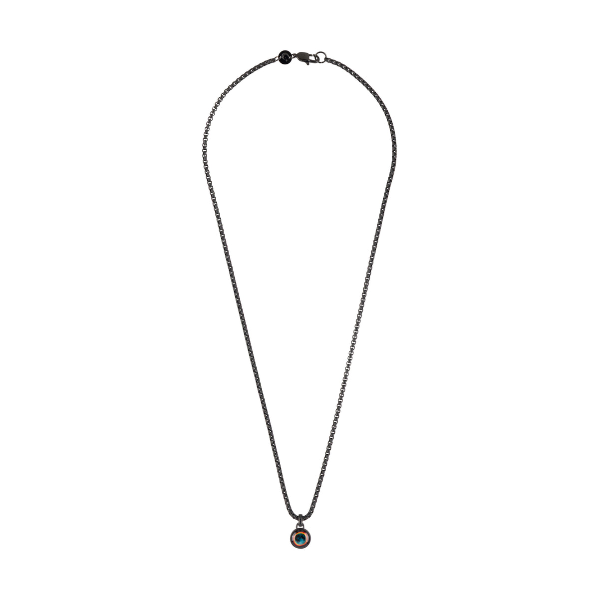 A dark gunmetal chain necklace with a small circular pendant featuring a colorful, iridescent inlay, displayed on a solid white background.