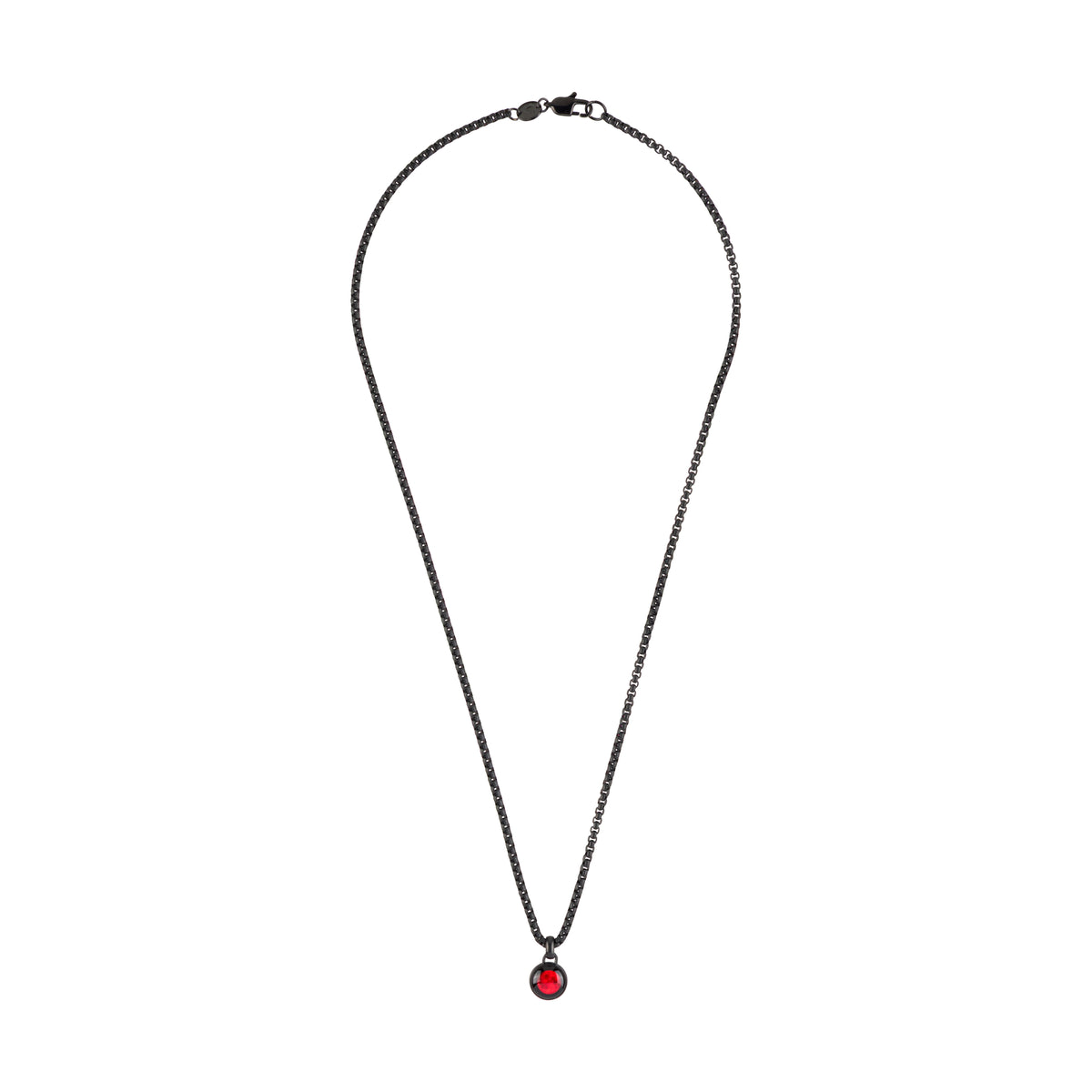 A dark gunmetal chain necklace with a small circular pendant featuring a vibrant red center, displayed against a solid white background.
