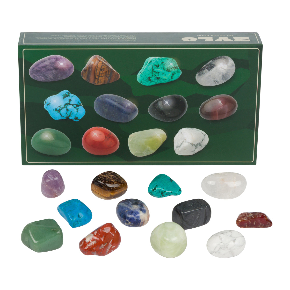 A boxed set of polished tumbled gemstones with the product box shown behind and the stones arranged in front on a plain white background. The set includes stones in purple, turquoise, brown, gray, black, red, green, white, and other colors.