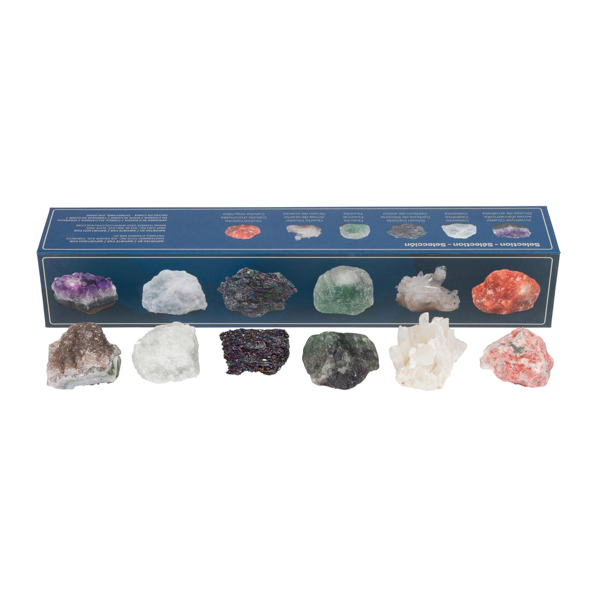 A set of eight raw crystals and gemstones arranged in front of their blue display box on a white background. The stones include purple, white, dark blue, green, beige, orange, gray, and pink varieties.