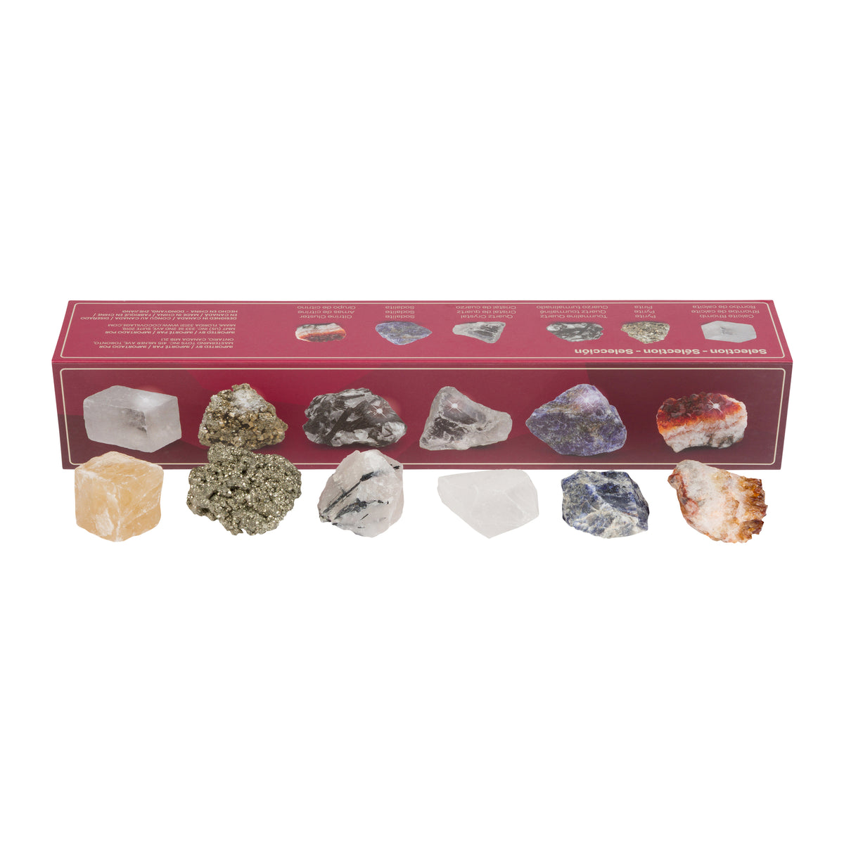 A mineral and crystal collection set displayed with its red presentation box on a white background. The set includes multiple raw mineral specimens and polished crystal pieces arranged in front of the box, which features printed images of the stones.